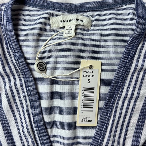 Max Studio Womens Striped Blouse Blue Short Sleeve Button Up Tie Front Size S - Picture 6 of 8